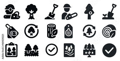 Forestry and logging solid icons set – filled, tree management, wood industry symbols