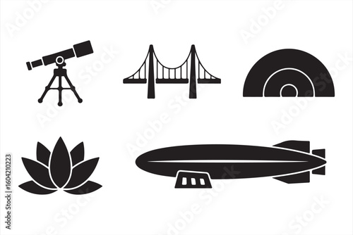 Simple Black and White Icons - Various Objects Including Telescope, Bridge, and Zeppelin