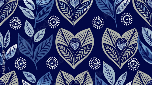 seamless pattern ornamental leaf heart love dark blue colors backgrounds for knitted fabric textured, fabric printing, birthday invitation covers, wraps paper,textile, blue, flower, leaf, pattern, 