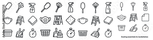 Cleaning and sanitation outline icons set – line, hygiene, housekeeping symbols