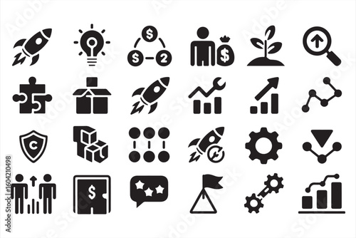 Business Development Icons - Black and White Symbols of Growth, Progress, and Money Management