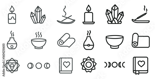 Zen and meditation icons set – outline, linear, spiritual and wellness symbols