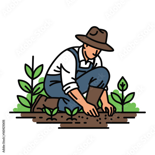 A minimalist line art illustration of a farmer in overalls and a hat, carefully planting seeds in the fertile soil of a field.