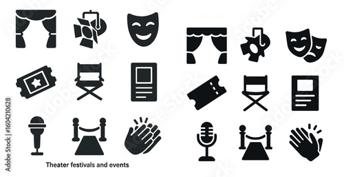 Theater festivals silhouette icons set – masks, tickets, performance symbols