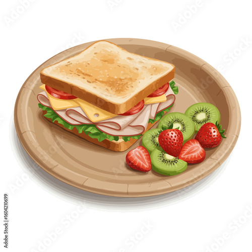 Gourmet Turkey Sandwich on a Brown Paper Plate with Fruit.