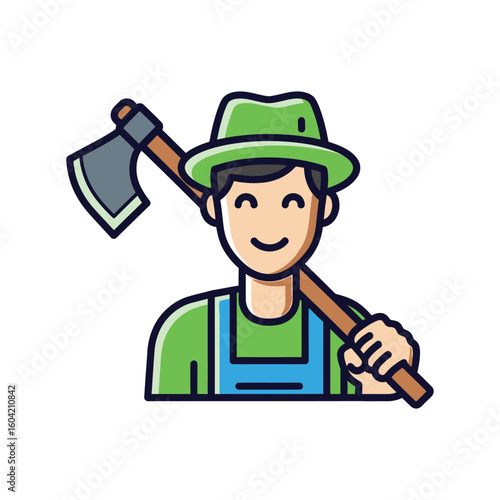 Smiling lumberjack or farmer character with an axe on his shoulder. Isolated vector icon of a happy woodsman in overalls and a hat.