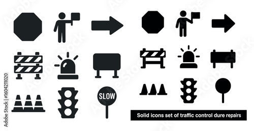 Traffic control solid icons set – safety, construction, road management symbols