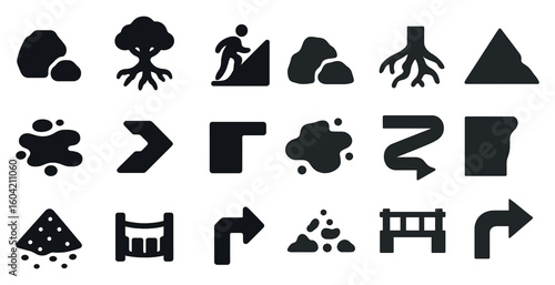 Nature and adventure icons set – filled, solid, hiking and exploration symbols