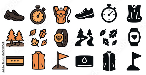 Outdoor adventure icons set – filled, flat, hiking and camping symbols