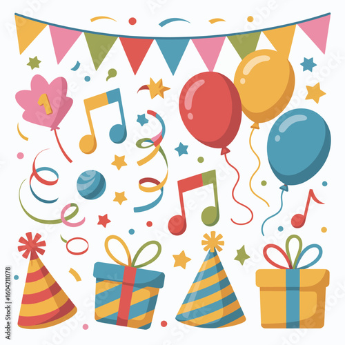 Colorful birthday celebration elements with balloons gifts and party hats