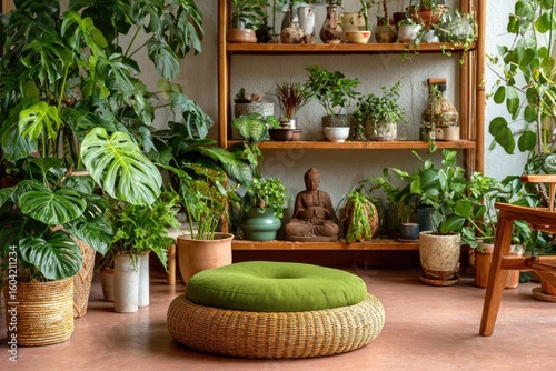 Lush indoor jungle room with potted plants and a green cushion