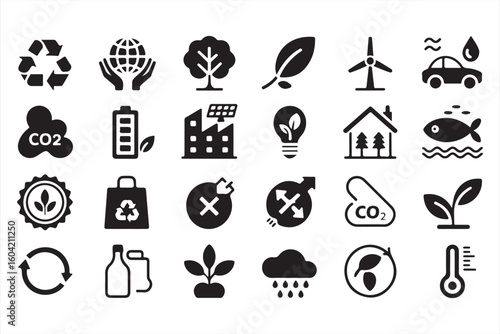 Sustainability and Green Energy Icons - Black and White Illustrations of Environmental Practices