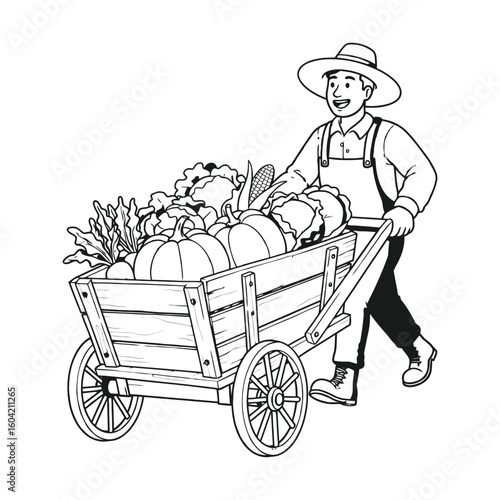 A cheerful farmer pushes a wooden wheelbarrow overflowing with a bountiful harvest of fresh vegetables. Black and white line art illustration.