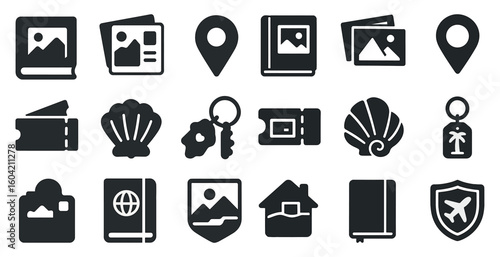 Travel and navigation solid icons set – flat, map, and guide symbols