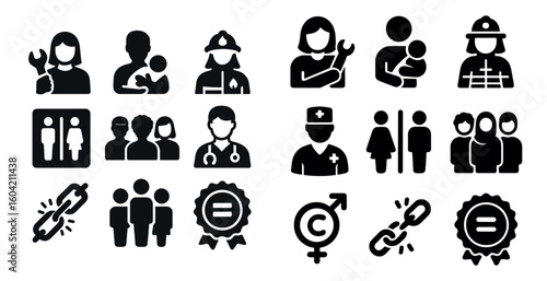 Family and profession solid icons set – silhouette, filled parenting and career symbols