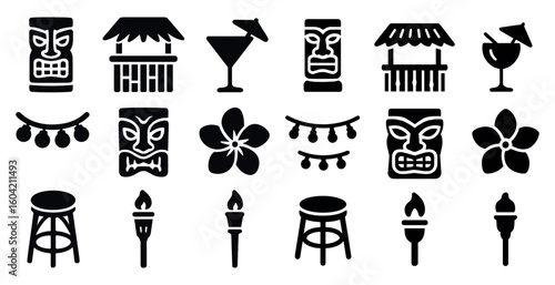 Hawaiian silhouette icons set – tiki, tropical, luau and vacation graphics