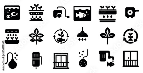 Aquaponics and hydroponics solid icons set – filled, outline, farming symbols