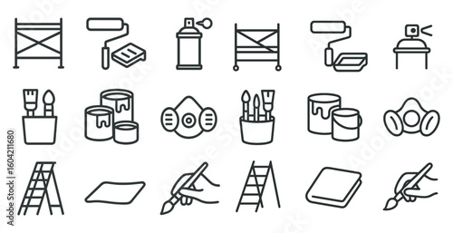 Home renovation outline icons set – linear, painting, construction tools collection