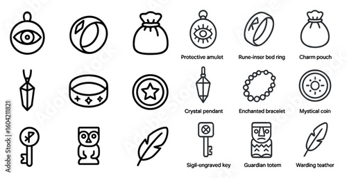 Mystical and magical outline icons set – amulets, charms, and enchanted symbols