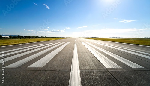A concrete runway stretches into the horizon under a clear blue expanse with sparse clouds on the