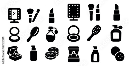 Beauty and makeup icons set – silhouette, cosmetic, grooming symbols for design