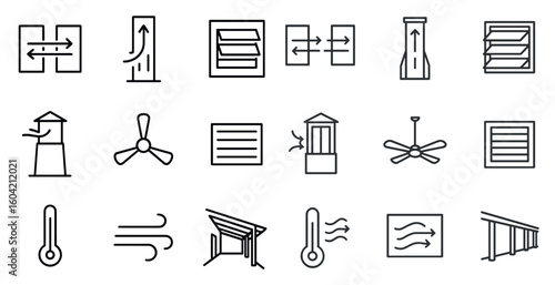 Airflow and temperature icons set – outline, linear, climate control symbols