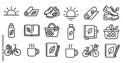 Eco-friendly lifestyle outline icons set - linear, green, sustainable living symbols