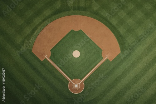 Aerial view of empty baseball diamond, sunny day