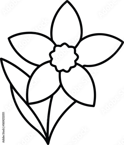Thin black outline daffodil flower line art isolated on transparent background
