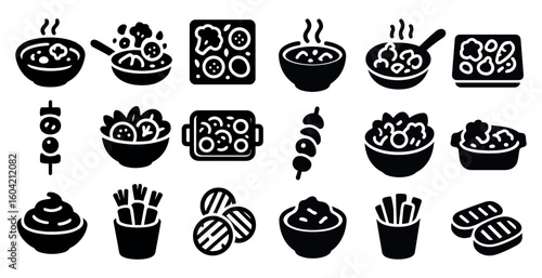 Japanese cuisine solid icons set – sushi, ramen, asian food symbols