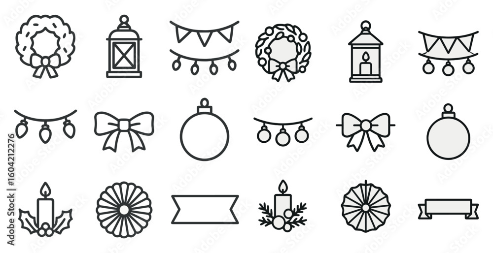 Naklejka premium Christmas decorations outline icons set – festive, linear holiday symbols