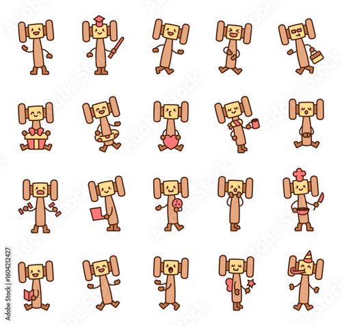 Gavel judge cute kawaii character set with different emotions poses and charming cartoon court personalities for decoration of educational law themed creative illustration and judicial projects
