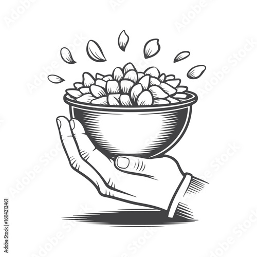 Hand holding bowl of seeds with scattered seeds scattering agriculture