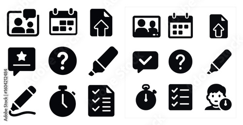 Social interaction and productivity solid icons set – filled, communication symbols