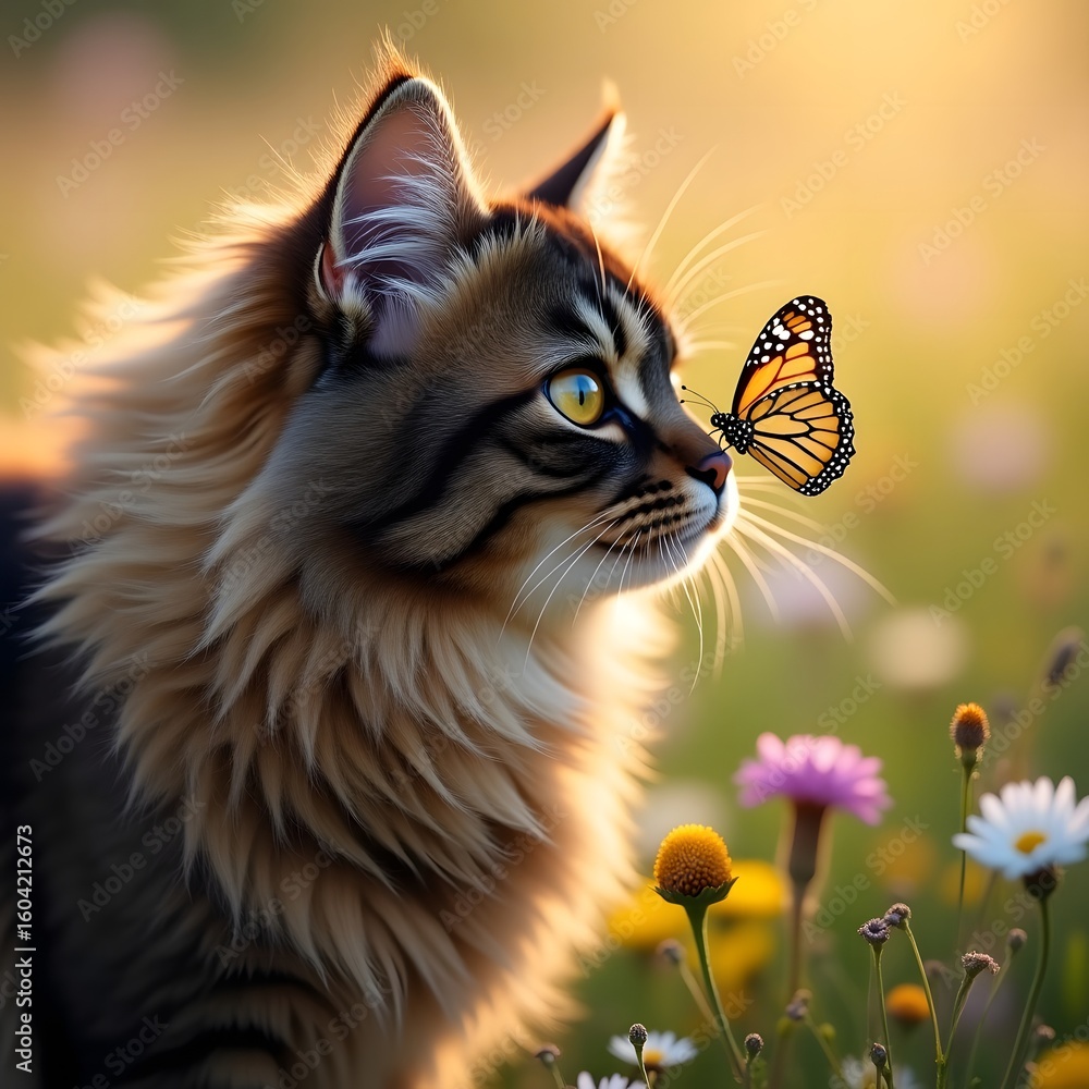Obraz premium Majestic long haired cat curiously observes a vibrant butterfly in a sunlit meadow