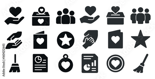 Charity and community solid icons set – filled, volunteer and nonprofit symbols