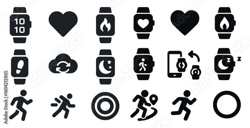 Fitness tracker solid icons set – heart, health, smartwatch symbols
