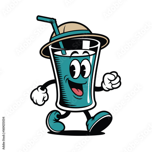  Happy cartoon glass of water wearing a hat and walking