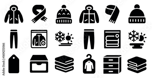 Winter clothing solid icons set – filled, attire, cold weather symbols for design