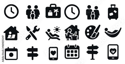 Family travel silhouette icons set – solid, vacation, holiday symbols