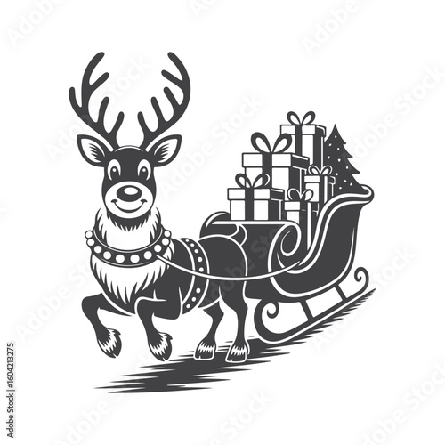 Happy reindeer pulling sleigh full of gifts and christmas tree holiday