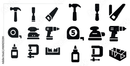 Carpentry tools solid icons set – hammer, saw, construction and woodworking symbols