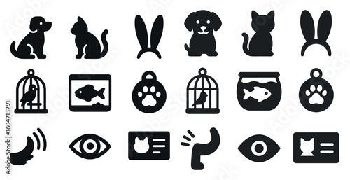 Pet and animal solid icons set – silhouette, filled, wildlife and domestic symbols