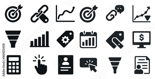 Marketing and business solid icons set – filled, direct sales, strategy symbols