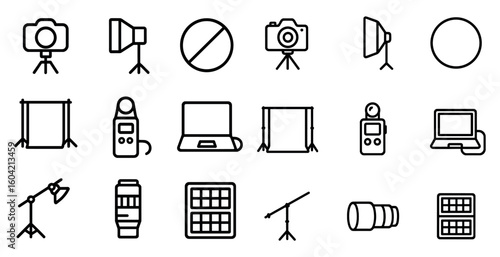 Photography and equipment outline icons set – linear, silhouette, camera and gear symbols