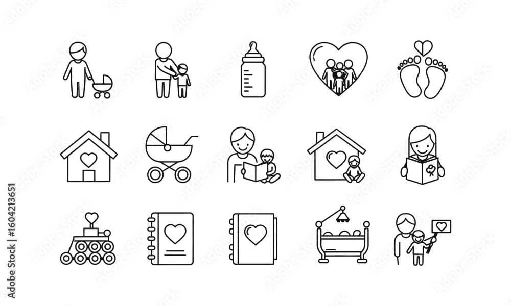 Fototapeta premium Family life and parenting thin line icon collection. Vector symbols for baby care, childhood, love, and home activities.