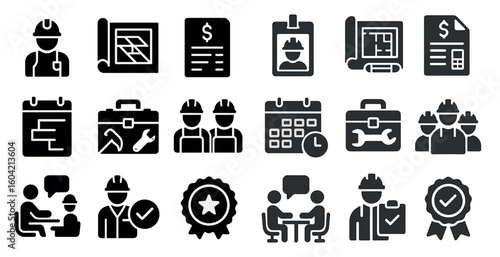 Construction and engineering silhouette icons set – tools, plans, building symbols