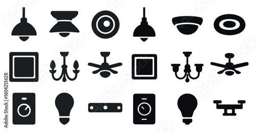 Home lighting silhouette icons set – modern, minimalist, illumination symbols