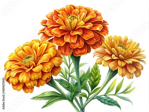 Watercolor painting of three beautiful marigold flowers with vibrant orange petals