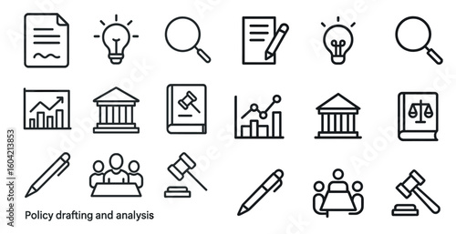 Legal and policy outline icons set – line, flat, law and governance art